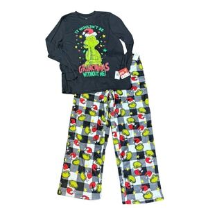 Dr Seuss The Grinch Mens Pajama Set Black Plaid Grinchmas Fleece Pants Large NWT